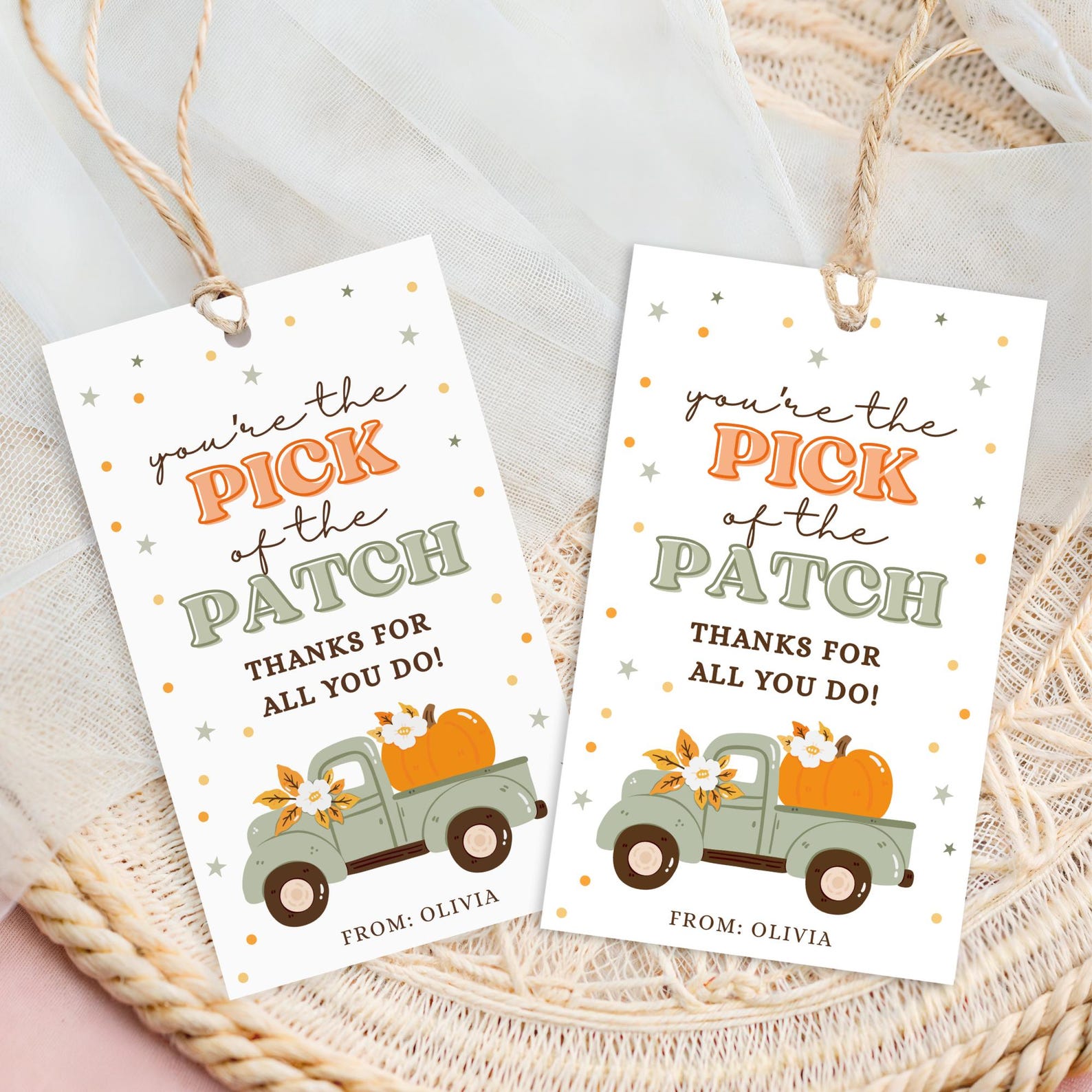 Pick of the Patch Printable Thank You Tags, Fall Pumpkin Tags, Teacher ...
