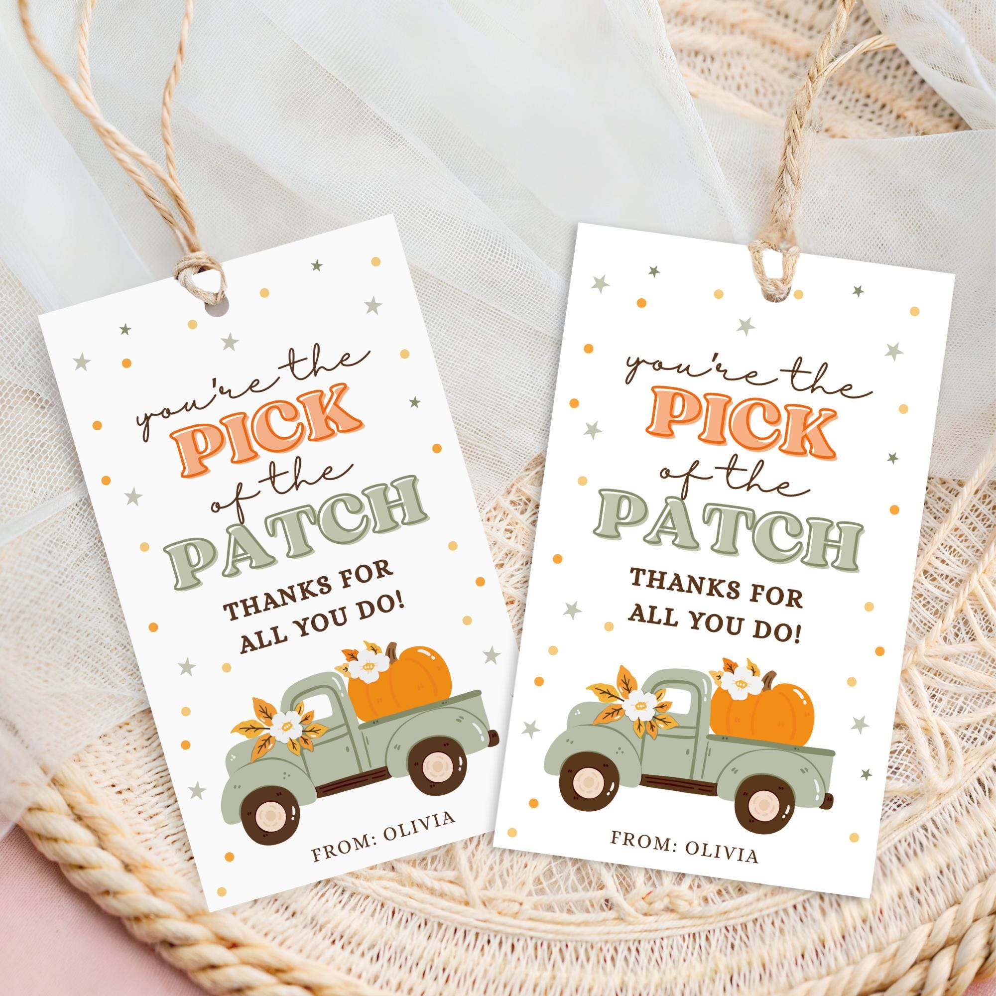 Pick of the Patch Printable Thank You Tags, Fall Pumpkin Tags, Teacher ...