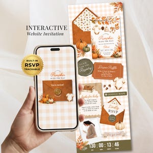 May include: An interactive digital baby shower invitation template featuring a pumpkin and autumn leaf theme with a light orange gingham background. The design includes a smartphone display, RSVP buttons, a diaper raffle card, and a countdown timer.