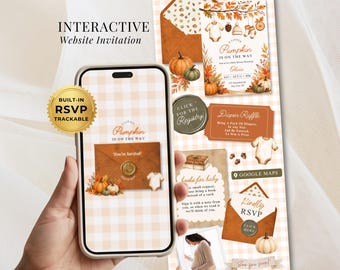 Pumpkin Baby Shower Invitation, A Little Pumpkin is On the Way, Fall Autumn Interactive Website Template, Editable Canva Digital Download