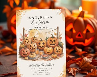 Puede incluir: Una invitación con temática otoñal con el texto "EAT, DRINK & CARVE" y detalles para una fiesta de tallado de calabazas. La invitación presenta ilustraciones de acuarela de calabazas talladas, calabazas y hojas. El evento está organizado por The Millers.