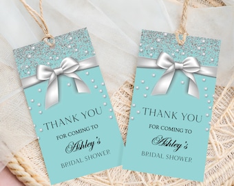 Bridal Shower Favor Tag: Aqua Bow, Diamonds (Canva Template - Digital Download)