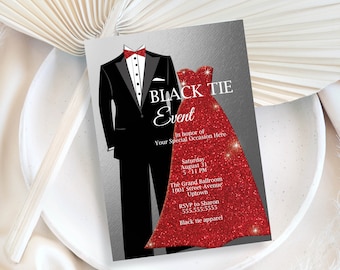 Black Tie Invitation | Red Glitter, Hollywood Red Carpet Party, Holidays Christmas Anniversary Formal, Prom  | PDF Template