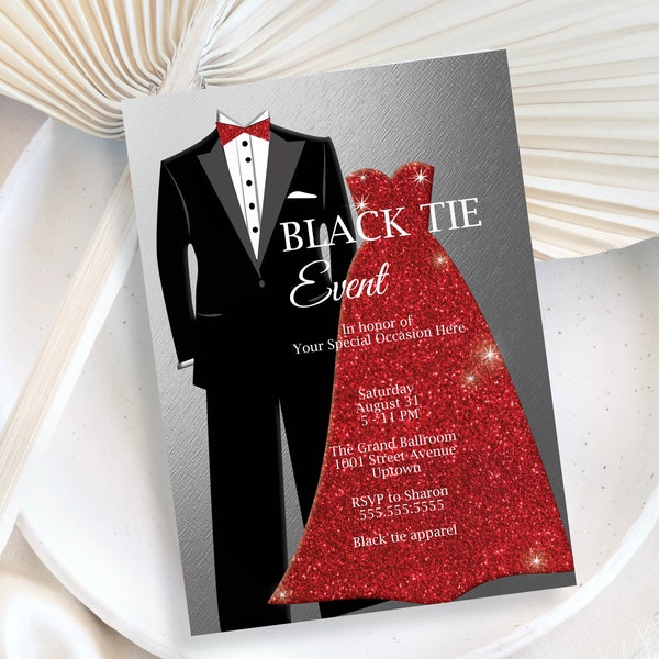 Black Tie Invitation | Red Glitter, Hollywood Red Carpet Party, Holidays Christmas Anniversary Formal, Prom  | PDF Template