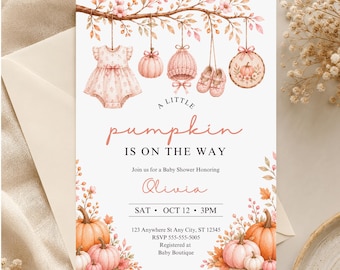 Pink Pumpkin Baby Shower Invitation | Fall Pumpkins, Girl Autumn Baby Clothes Invite | Editable Canva Template