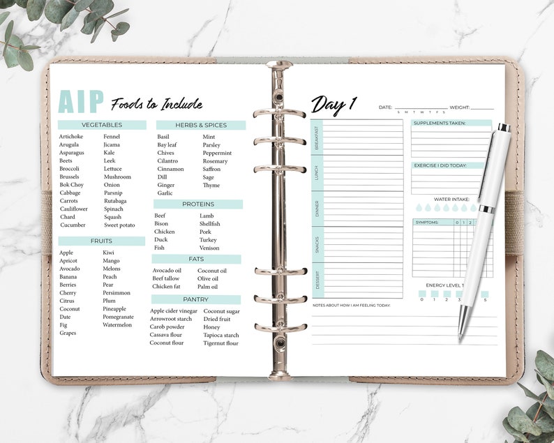 May include: A light brown planner with a light blue and white design. The planner has a section for "AIP Foods to Include" with a list of vegetables, herbs and spices, proteins, fats, and pantry items. The planner also has a section for "Day 1" with sections for date, weight, supplements taken, exercise, water intake, symptoms, and energy level.
