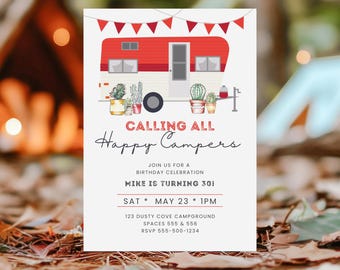 Camping Party Invitation: Retro Vintage RV Camp Trailer, Glamping Invite (Editable Canva Template)