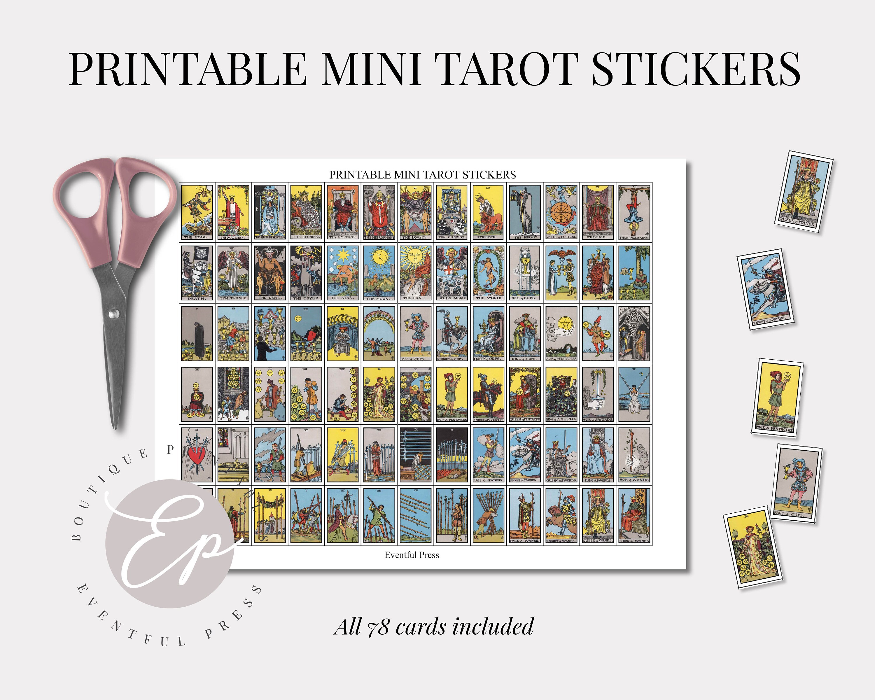 Printable Mini Tarot Card Stickers | All 78 Cards on single page | Great  for Tarot Journaling | Digital File INSTANT DOWNLOAD