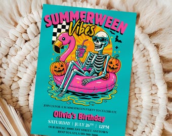 Summerween Birthday Invitation: Ghost Pool Party, Spooky Summer (Instant Download Template)