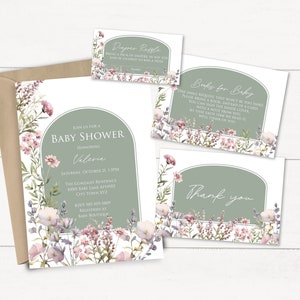 Salie groene wilde bloemen douche uitnodiging Wildflower baby shower bundel bloemen boeken voor baby luier loterij bedankkaart INSTANT DOWNLOAD