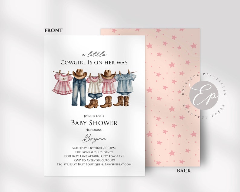 Country Cowgirl Baby Shower Invitation Template, Watercolor Pink ...