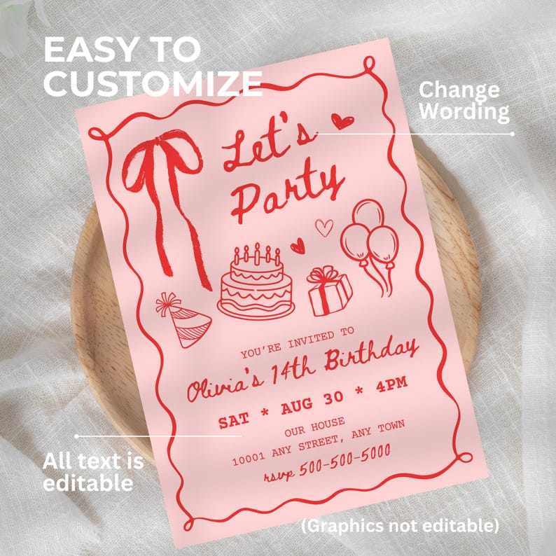 Peut inclure: Invitation rose pour une f&ecirc;te d'anniversaire avec texte et illustrations rouges. L'invitation indique &laquo;&nbsp;Let's Party&nbsp;&raquo; et comprend les d&eacute;tails du 14e anniversaire d'Olivia, y compris la date, l'heure et le lieu. Le texte &laquo;&nbsp;Easy to Customize&nbsp;&raquo; est &eacute;galement visible.