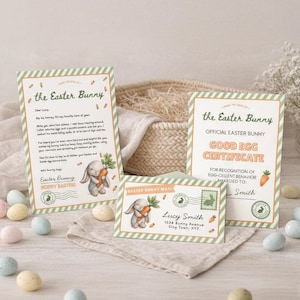 May include: Easter-themed stationery set. The set includes a letter from the Easter Bunny, a Good Egg Certificate, and an Easter Bunny Mail postcard. Each item features a bunny holding a carrot, with green and orange accents.