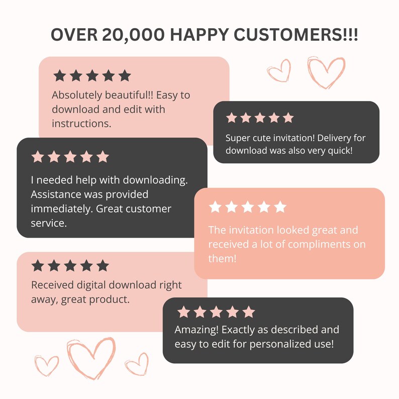 May include: A graphic display featuring the text OVER 20,000 HAPPY CUSTOMERS!!! with six customer reviews in rectangular boxes. Each review includes five stars and text testimonials. The boxes alternate between light pink and dark gray colors.