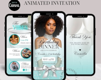 Invitación animada para cena de cumpleaños: Azul agua con lazo blanco (plantilla CANVA)