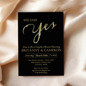 Black & Gold Glitter Engagement Party Invitation (Instant Download)
