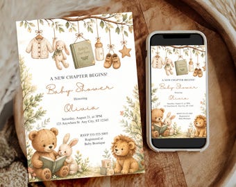 Storybook Shower Invitation Set: A New Chapter Begins (Digital Download, Editable Canva Templates)