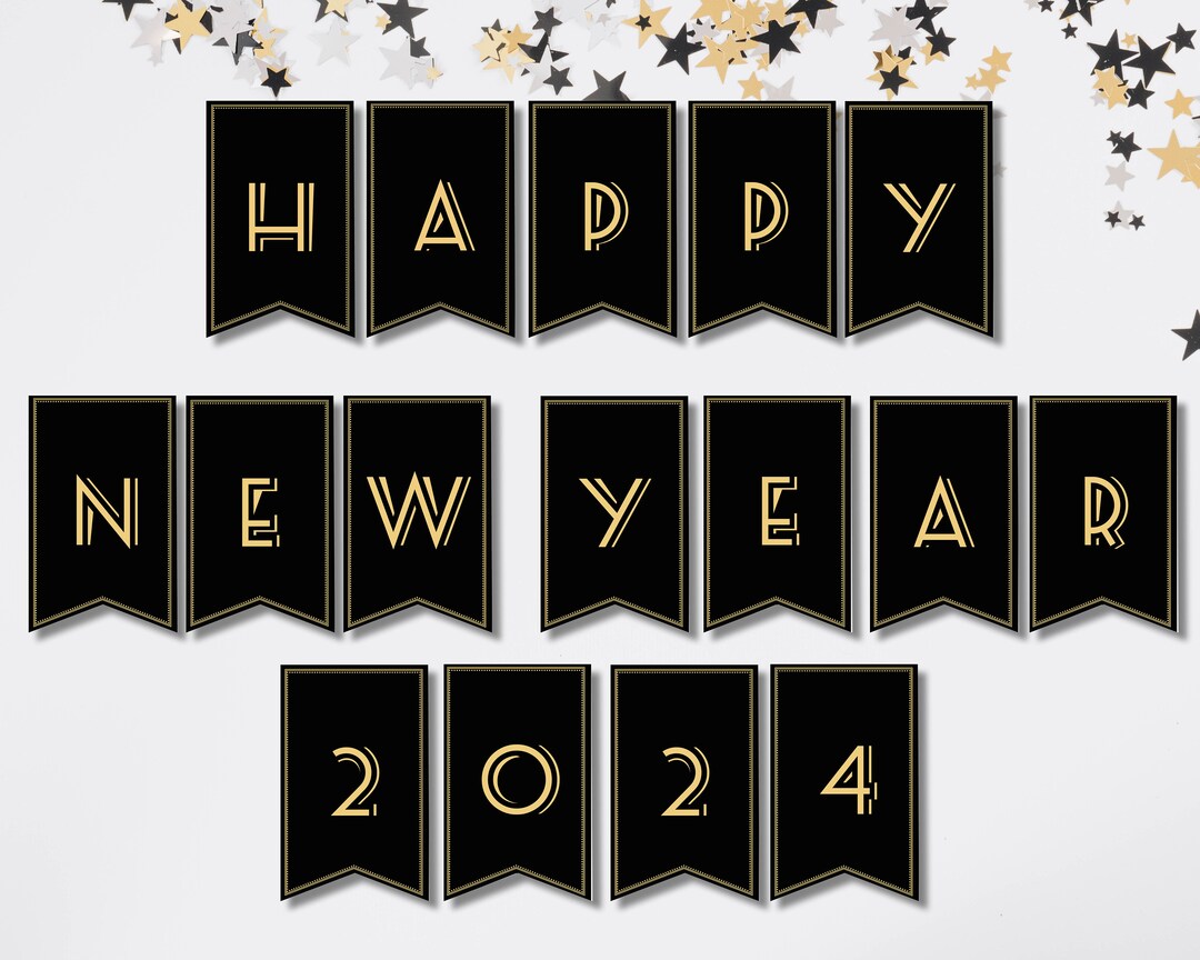 Happy New Year 2024 Printable Banner, Black and Gold New Years ...