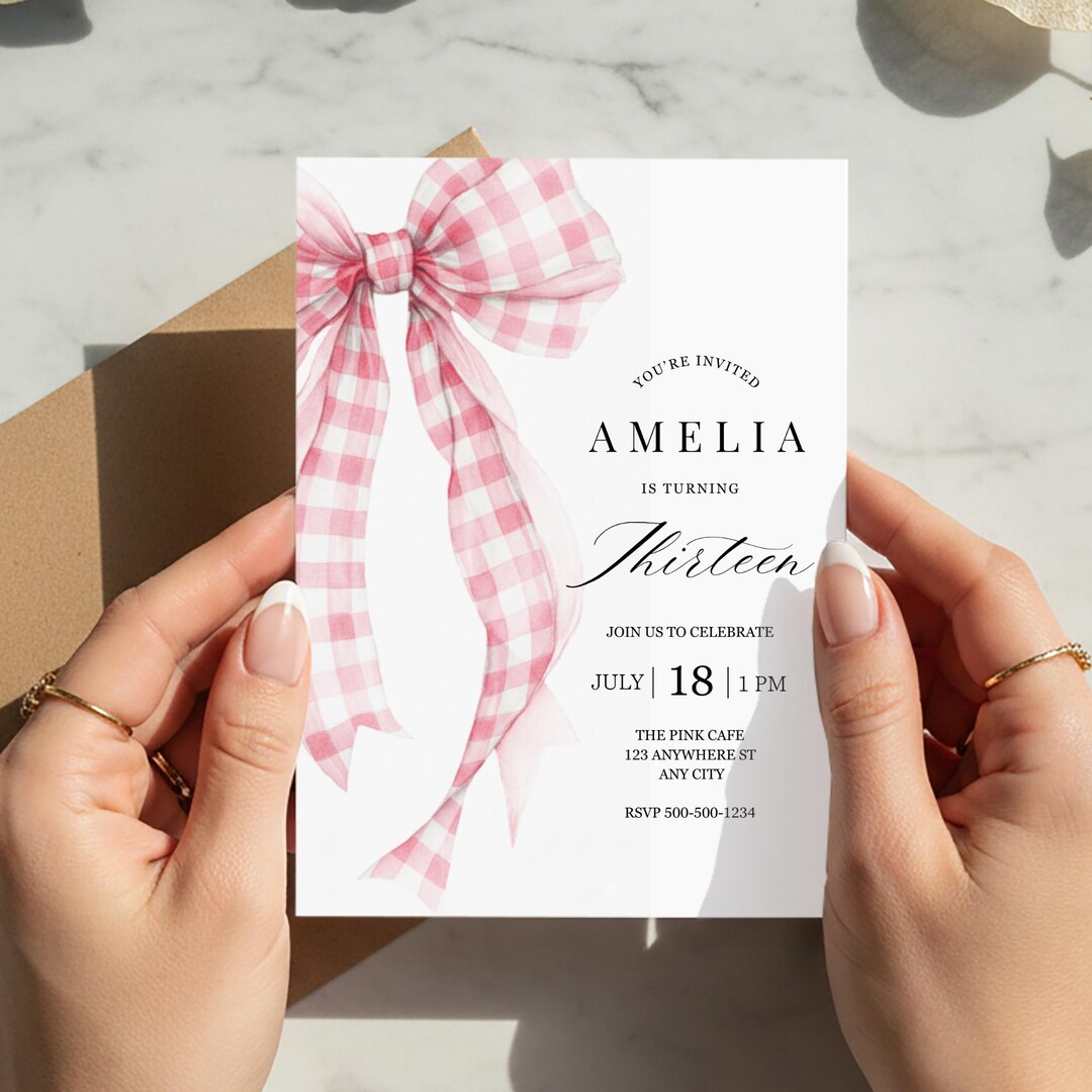 Pink Gingham Bow Invitation: Any Age Girl Birthday Party Invite ...