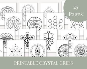 25 Plantillas de Rejilla de Cristal Imprimibles / Blanco y Negro, Geometría Sagrada, Astrología, Sanación con Cristales, Ritual de Manifestación, Magia / PDF