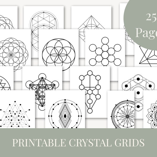 25 druckbare Crystal Grid-Vorlagen | Schwarz und Weiß, Heilige Geometrie, Astrologie, Kristallheilung, Manifestation Ritual, Magie | PDF-Datei