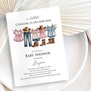 Country Cowgirl Baby Shower Invitation Template, Watercolor Pink Western Girl Clothes Line Baby Shower Invite, INSTANT DOWNLOAD Template