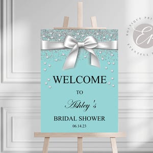 Bride & Co. Bridal Shower Welcome Sign: Aqua Blue Bow (Canva Template, Digital Download image 2