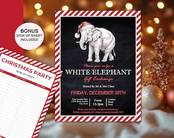 May include: A Christmas party invitation with a white elephant theme. The invitation features a white elephant wearing a Santa hat on a black background. The text reads "White Elephant Gift Exchange" and includes party details.
