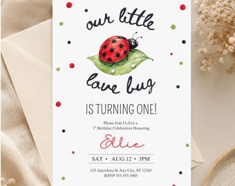 Love Bug First Birthday Invitation: Our Little Ladybug 1st Birthday Party Invite (Editable Canva Template)