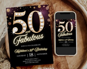 50th Birthday Invitation for Women, Fifty and Fabulous Black & Gold Diamonds Glam Editable Digital Invite INSTANT DOWNLOAD Template
