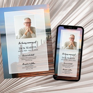 Funeral Invitation Digital Evite With Photo, Landscape Pier Lake Memorial Services Announcement, Editable CANVA Templates