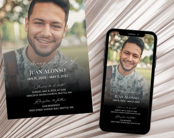 May include: A black and white memorial card with a photo of a young man. The card reads "In loving memory of JUAN ALONSO JAN 15, 2003 - MAY 5, 2023" and includes details about the service and reception.