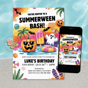 Invitación para fiesta de verano, invitación editable para fiesta de cumpleaños en la piscina, celebración de verano espeluznante, Halloween en verano, plantilla de descarga instantánea
