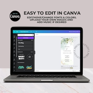 May include: A laptop computer screen displaying a Canva design template for a wedding invitation. The template features a green and white floral design with the text "Brianna & Christopher" and the date "Saturday, April 18, 2020". The text "Eventful Press" is also visible on the screen.