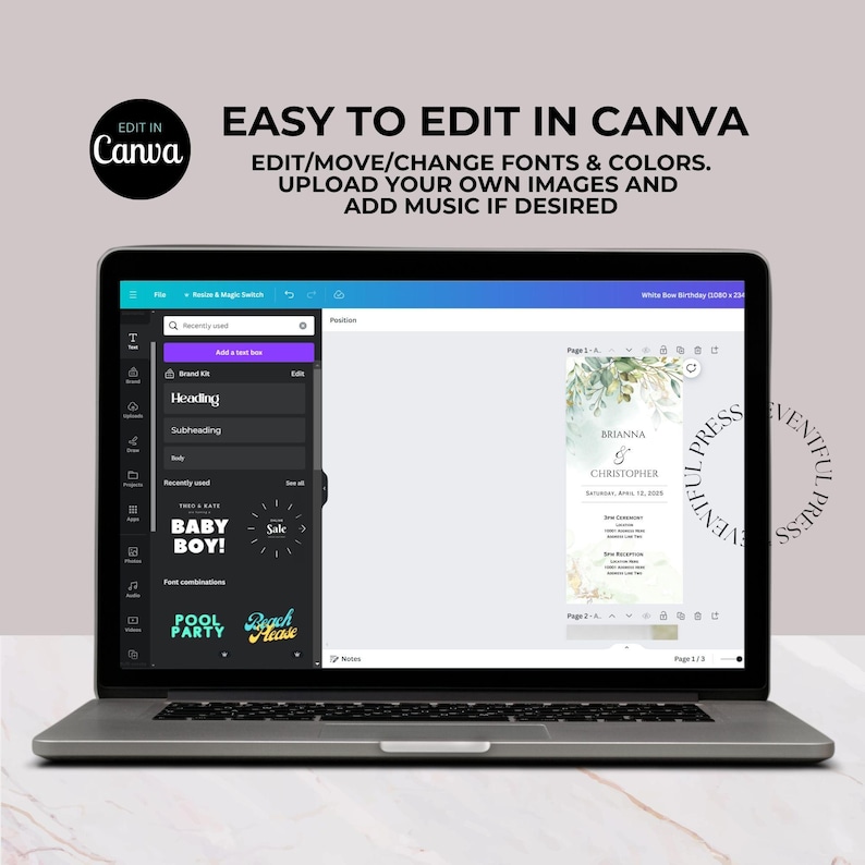 May include: A laptop computer screen displaying a Canva design template for a wedding invitation. The template features a green and white floral design with the text "Brianna & Christopher" and the date "Saturday, April 18, 2020". The text "Eventful Press" is also visible on the screen.