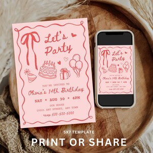 Peut inclure: Invitation rose pour une f&ecirc;te d'anniversaire avec le texte "Let's Party" et "Olivia's 14th Birthday". Le design comprend un g&acirc;teau, des ballons et un cadeau. Le mod&egrave;le est de 5x7.
