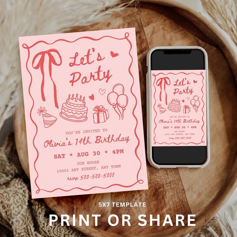 Peut inclure: Invitation rose pour une f&ecirc;te d'anniversaire avec le texte "Let's Party" et "Olivia's 14th Birthday". Le design comprend un g&acirc;teau, des ballons et un cadeau. Le mod&egrave;le est de 5x7.