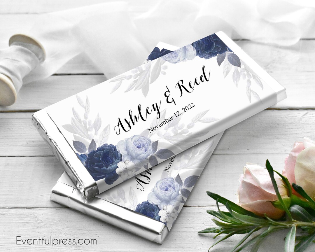 Dusty Blue Gray Floral Chocolate Bar Wrapper Printable, Custom Wedding ...
