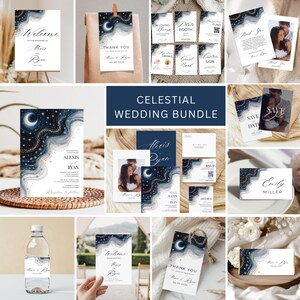 May include: A collection of celestial-themed wedding stationery, including invitations, thank you cards, and signage. The designs feature a navy blue and gold color scheme with a crescent moon and starry night sky motif. The text includes the names "Alexis & Ryan".