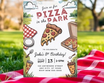 Pizza Party Invitation: Picnic Birthday, Park Luncheon (CANVA Template - Digital Download)