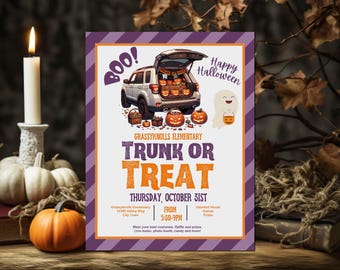 May include: A Halloween-themed poster with a purple and orange striped border. The poster features a car trunk filled with jack-o'-lanterns, a ghost, and the words "TRUNK OR TREAT." The text also includes the date, time, and location of the event.