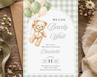 Teddy Bear Balloons Baby Shower Invitation: Gender Neutral Sage Green Invite INSTANT DOWNLOAD Template