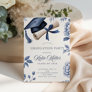 Puede incluir: Invitación a una fiesta de graduación con birrete y pergamino azul marino, con detalles florales. El texto de la invitación incluye el nombre del graduado, el año de la clase, la fecha, la hora y el lugar de la fiesta.
