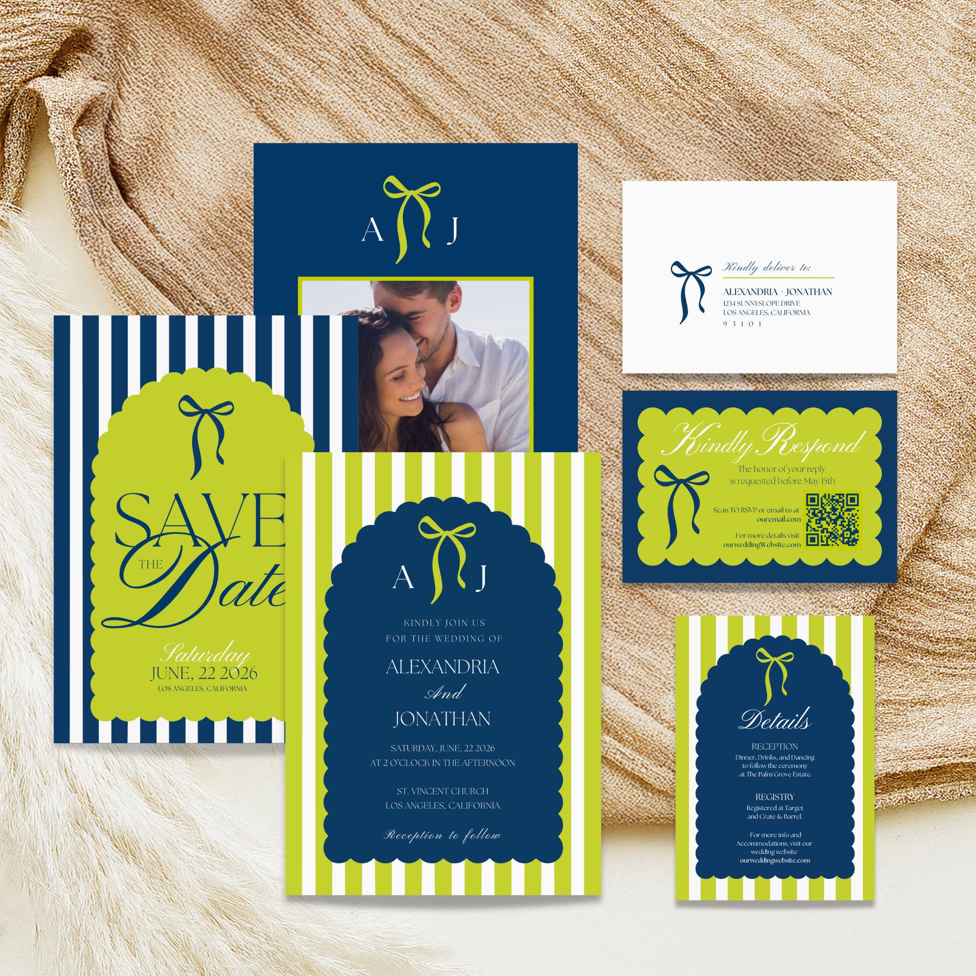 Navy Lime Wedding Invitation Templates: Bold Chartreuse Wedding Suite ...