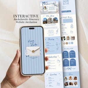 May include: A smartphone displaying a light blue striped digital invitation titled Love on the Lake with an envelope icon. Beside it, a long vertical layout shows a detailed bachelorette itinerary, including a packing list, outfit inspiration, and a schedule for Friday, Saturday, and Sunday.
