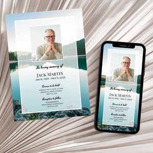 Funeral Invitation Digital Evite With Photo, Nature Lover Landscape Lake Memorial Services Announcement, Editable CANVA Templates