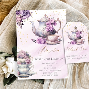 Invito per il Tea Party e cartellini regalo, invito per il Tea Party, tazze da tè fantasiose con acquerello viola, rose floreali e principessa, modello da scaricare immediatamente.