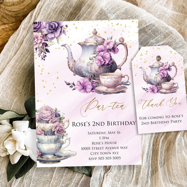 Tea Party Invitation and Gift Tags, Par-tea Invite, Purple Watercolor Whimsical Teacups Floral Roses Princess INSTANT DOWNLOAD Template