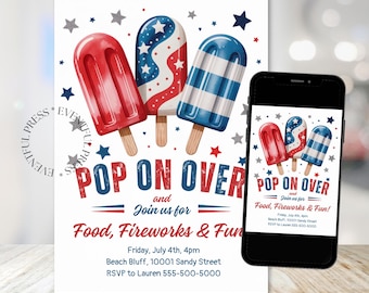 4th of July Invitation: Popsicle Party, Patriotic Design (Canva Template - Digital Download)