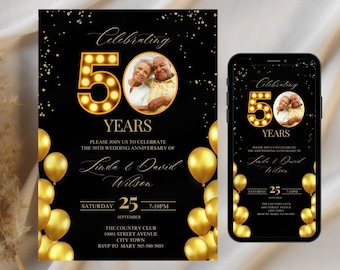 Gold Balloons 50th Wedding Anniversary Invitation Golden Anniversary Photo Invite Editable Instant Download Editable CANVA Templates